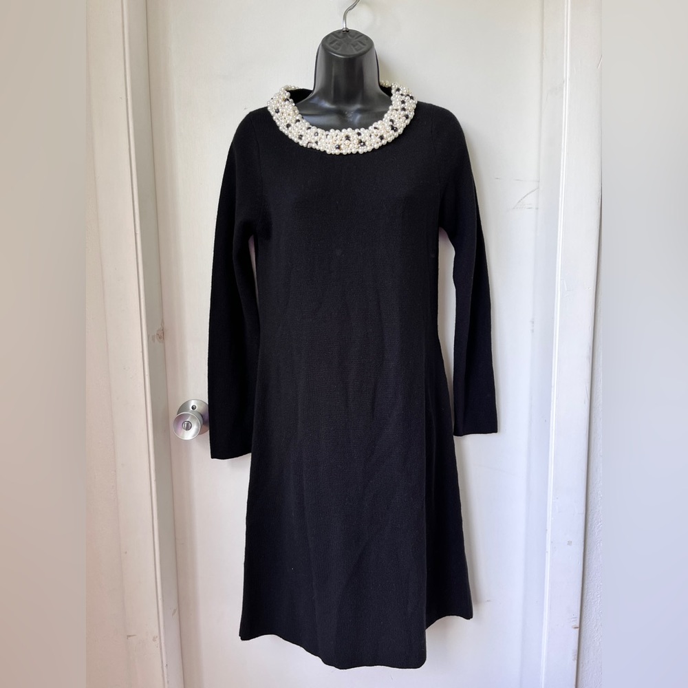 MILLY Women's Black Knit Pearl Trim Dress sz M - Picture 3 of 12